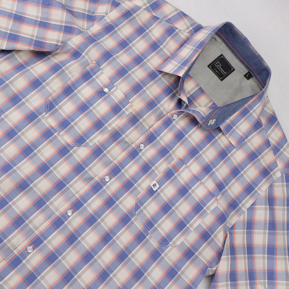 7 Diamonds Mens Large Blue‎ Orange Plaid Pearl Snap Short Sleeve Button Up Shirt